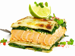 Wall Mural - Salmon - Fish Lasagne, isolated on white Background.