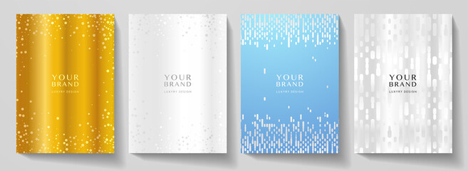 Wall Mural - Modern cover design set. Luxury dynamic dot and line pattern. Creative premium stripe vector background in gold, silver, blue color for business catalog, brochure template, notebook, invite