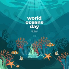 World oceans day 8 June. Save our ocean. Fish were swimming underwater with beautiful coral and seaweed background vector illustration. 