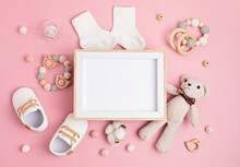 Mockup Of Empty Frame With Eco Friendly Baby Accessories