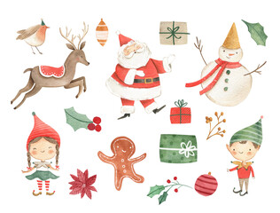 watercolor christmas illustration for kids with santa claus, gingerbread, sled , reindeer , gifts an