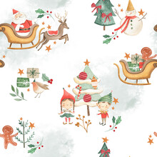 Vintage Christmas Watercolor Illustration For Children With Santa And Snowman Seamless Pattern Tile