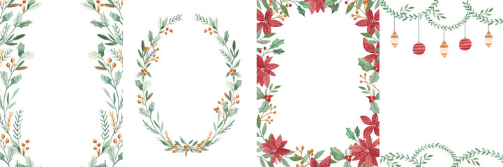 Watercolor floral Christmas wreath invitation frame templates 