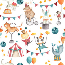 Circus Watercolor Baby Animals Illustration Seamless  Pattern  Tile 
