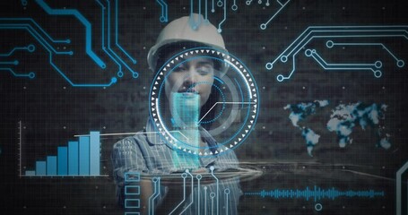 Poster - Animation of scope scanning and data processing over female architect holding tablet