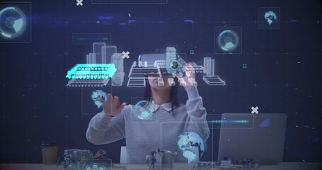 Poster - Animation of processor spinning and markers flickering over woman wearing vr headset