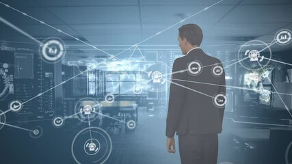 Poster - Animation of network of connections with icons with businessman touching interactive screen