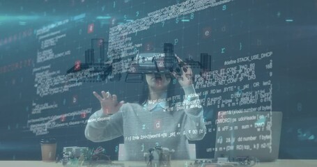 Poster - Animation of processor spinning and data processing over woman wearing vr headset