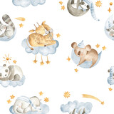 Fototapeta Dziecięca - Watercolor baby animals sleeping in the sky with clouds and stars in white and blue seamless pattern