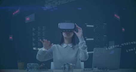Poster - Digital interface with data processing against woman gesturing while wearing vr headset