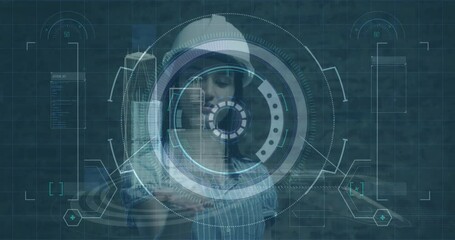 Poster - Digital interface with data processing against 3d structures spinning over female architect hands