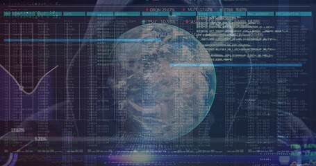 Poster - Stock market data processing over spinning globe over screen against male hacker using computer