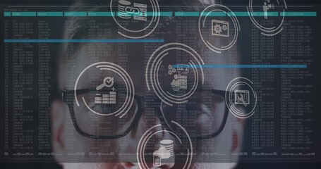 Poster - Multiple digital icons floating over male hacker against data processing on black background