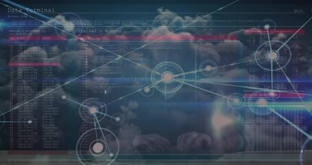 Poster - Network of connections over sky and screen with data processing against male hacker using computer