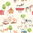 Watercolor baby  farm animals illustration seamless pattern  tile with cow, horse, pig, chicken, hen