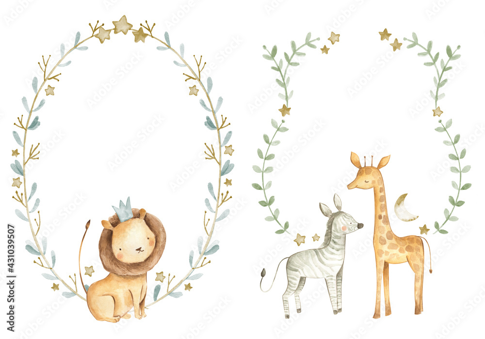 Safari animals watercolor templates illustration for nursery and baby shower with lion, giraffe and zebra  - obrazy, fototapety, plakaty 