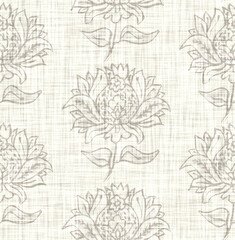 Seamless french taupe floral farmhouse linen printed fabric background. Light mottled grey cottage pattern. Shabby chic woven 2 tone cloth effect. Textile rustic organic ecru neutral all over print. 
