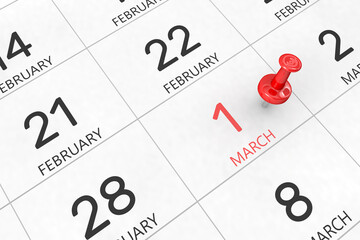 Fototapete - 3d rendering of important days concept. March 1st. Day 1 of month. Red date written and pinned on a calendar. Spring month, day of the year. Remind you an important event or possibility.