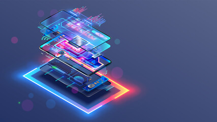 Poster - Phone repair service. Disassembled smartphone. Case and electronic parts or components on scheme of abstract mobile phone. CPU, motherboard of smartphone. Non-assembled cellphone. Isometric concept.