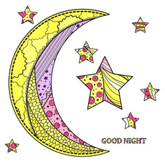 Wall Mural - Zentangle moon and star with abstract patterns on isolation background. Design for spiritual relaxation for adults. Line art creation. Print for polygraphy, posters, t-shirts and textiles