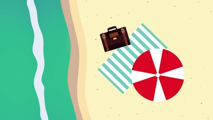 Wall Mural - summer time animation with umbrella and towel beach airview scene