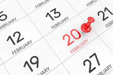 Fototapete - 3d rendering of important days concept. February 20th. Day 20 of month. Red date written and pinned on a calendar. Winter month, day of the year. Remind you an important event or possibility.