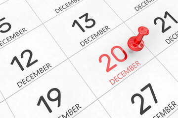 Fototapete - 3d rendering of important days concept. December 20th. Day 20 of month. Red date written and pinned on a calendar. Winter month, day of the year. Remind you an important event or possibility.