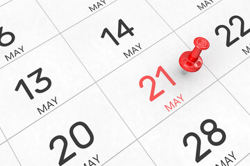 Fototapete - 3d rendering of important days concept. May 21st. Day 21 of month. Red date written and pinned on a calendar. Spring month, day of the year. Remind you an important event or possibility.