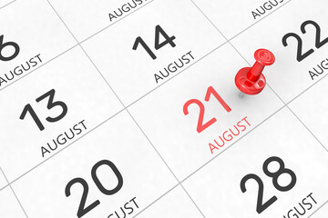 Fototapete - 3d rendering of important days concept. August 21st. Day 21 of month. Red date written and pinned on a calendar. Summer month, day of the year. Remind you an important event or possibility.