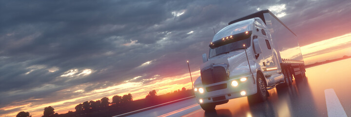 Semi Truck In Motion. Truck closeup on a highway. Trucking business concept. 3d illustration