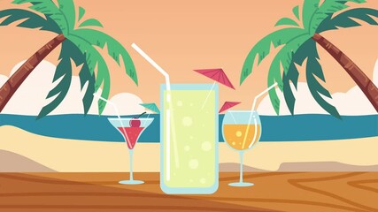 Canvas Print - summer time animation with cocktails on the beach scene