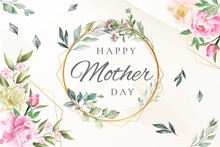 Mother's Day Card Or Banner In Green In A Golden Circle With Flowers And Leaves All Around, Around Salmon Pink And White Flowers And Leaves