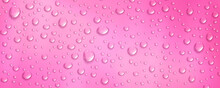 Condensation Water Drops On Pink Background. Essential Oil Droplets At Rose Surface. Realistic Dew, Condensate From Shower Steam Or Fog. Vector 3d Illustration Of Wet Red Backdrop With Serum Drops