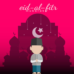 Poster - greeting card eid mubarak with  boy flat design character and mosque