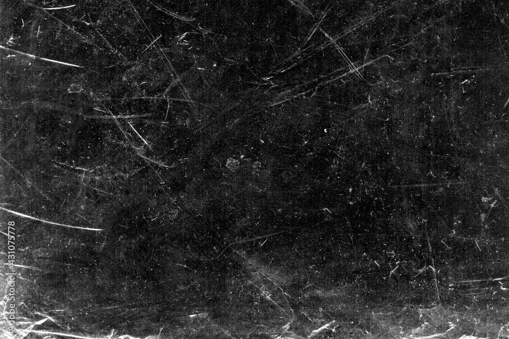 White scratches and dust on black background. Vintage scratched grunge plastic broken screen texture. Scratched glass surface wallpaper. Dirty Blackboard. Space for text. - obrazy, fototapety, plakaty 