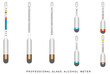 Professional glass alcohol meter. Set of glass hydrometers (alcohol meter). Set of hydrometers for measurement - Wine, Beer, Brandy, Vodka, Gin and Whiskey. 