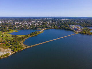 Watchemoket Cove and Bay Bike Path at Providence River aerial view near Narragansett Bay in East Providence, Rhode Island RI, USA. 