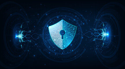 Fototapete - Protection from virus attack.Security shield icon digital display over on dark blue background.Data protection, privacy, and internet security concept.