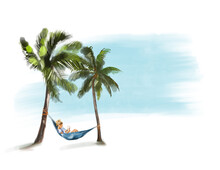 Illustration A Girl With A Book Lies In A Hammock Between Two Palm Trees By The Sea. Isolated On A White Background