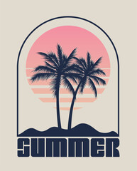 Wall Mural - Summer time emblem or logo or label or t-shirt or poster design template with palm trees silhouette on sunset background. Summer vacation or tourism concept. Vintage styled vector illustration.