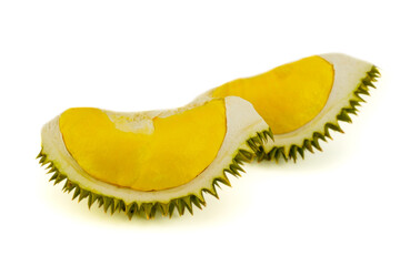 Fresh durian pulp peeled on isolated white background. This Thai fruit smelly and sharp spikes, taste sweet. Due to its sharp of thorn, so we call it king of fruit main agriculture in Asia.