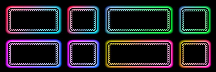 Poster - Set of buttons soft colorful frames in neon colors with striped pattern, modern buttons collection oval rectangle shapes on black background, vector illustration.