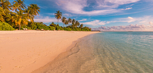 Island palm tree sea sand beach. Panoramic beach landscape. Inspire tropical beach seascape horizon. Orange and golden sunset sky calmness tranquil relaxing summer mood. Vacation travel holiday banner