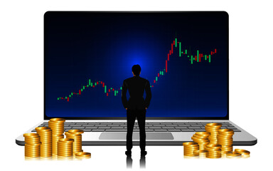 Businessman standing front big laptop, watching the stock trade graph with piles of money by the side. Stock trader. Creative vector illustration concept.