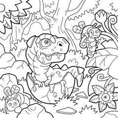 Wall Mural - little cute dinosaur, coloring book, outline illustration