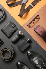 Wall Mural - Stylish male accessories on color background