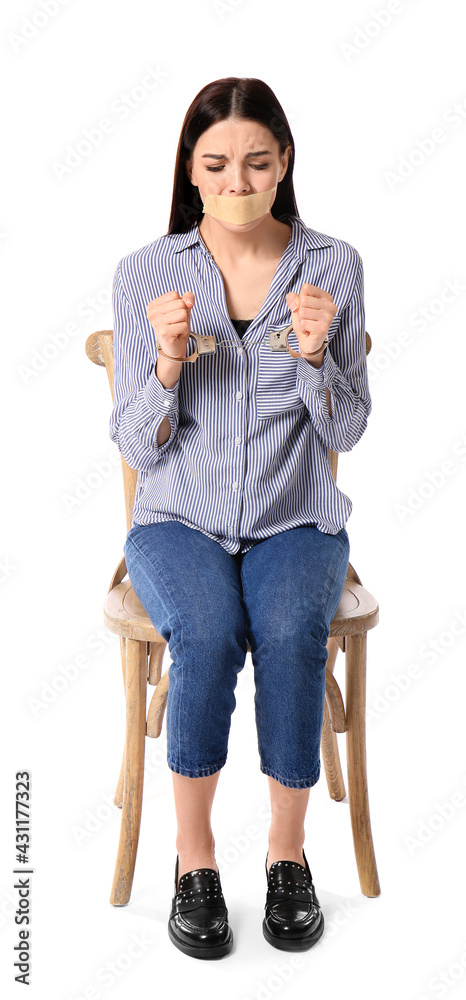 Female hostage on white background