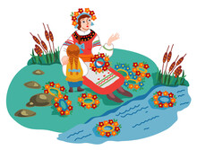 Ivan Kupala Day Vector. A Girl In A Traditional Russian Costume With A Wreath On Her Head Sits On The River Bank Near The Reeds.