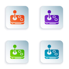 Poster - Color Joystick for arcade machine icon isolated on white background. Joystick gamepad. Set colorful icons in square buttons. Vector