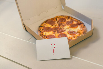 Wall Mural - Open box of pizza and card with with a question mark on home doorstep on front porch. Delivery. Concept